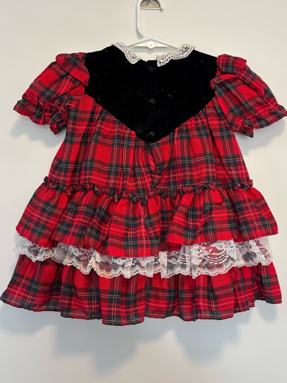 Vintage Martha’s Miniatures Red Tartan Plaid Black Velour Ruffle Dress Girl 2T - Picture 3 of 5